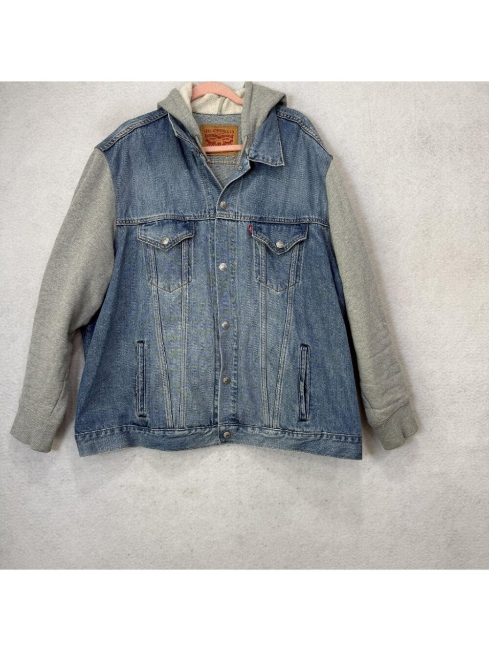 Levi's Jacket Mens 2XL Blue Denim Hooded Varsity Gray Sleeves Lined Fleece - Picture 1 of 12